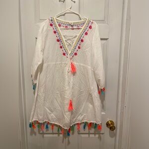 Best offers Embroidered White Swim Coverup with Multicolor Tassels